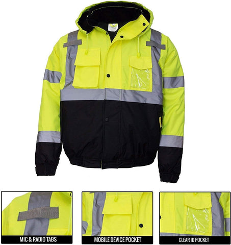 WJ9011/12 Men's ANSI Class 3 High Visibility Bomber Safety Jacket, Waterproof
