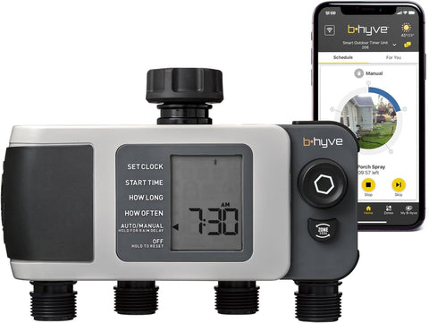 Orbit B-hyve XD 4-Port Smart Hose Watering Timer - App Controlled - Smart WeatherSense - Bluetooth Sprinkler Timer with Remote Control - Multi Outlet Yard Irrigation System - 24634