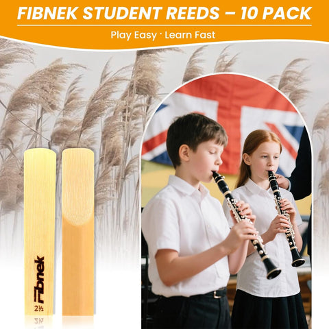 10 Pack Bb Clarinet Reeds Strength 2.5 – Natural Cane Reeds for Clarinet, Beginner & Student Practice Reeds with Velvet Bag & Protective Case, B Flat Replacement Clarinet Reeds