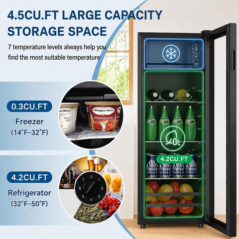 DRIXNO Beverage Refrigerator 4.5Cu.ft Mini Small Fridge 120 Cans with Glass Door Drink/Wine/Beer Cooler Office/Bar/Bedroom Compact Refrigerator