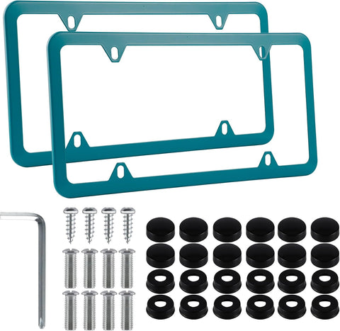 Alpmosn 2PCS Stainless Steel License Plate Frames, 4 Holes Car Licence Plate Covers with Screws Washers and Caps, Car Exterior Accessories, License Plate Holder for US Vehicles (Green)