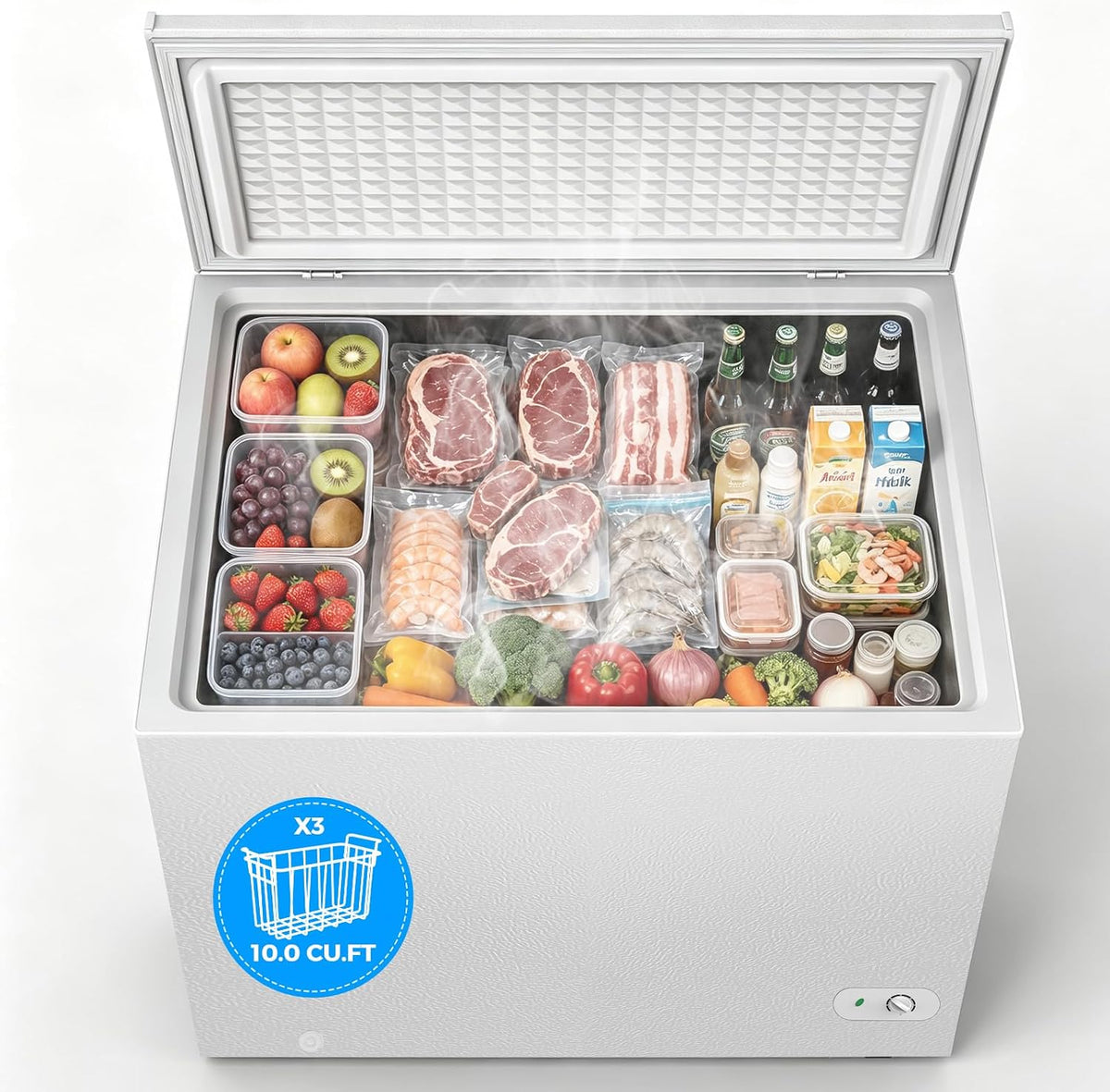 COWSAR Chest Freezer 10.0 Cubic Feet Freezer with 3 Removable Baskets, Free Standing Top Open Door Deep Freezer, 7-Level Adjustable Temperature, Compact, Front Drain for Home Dorm, White