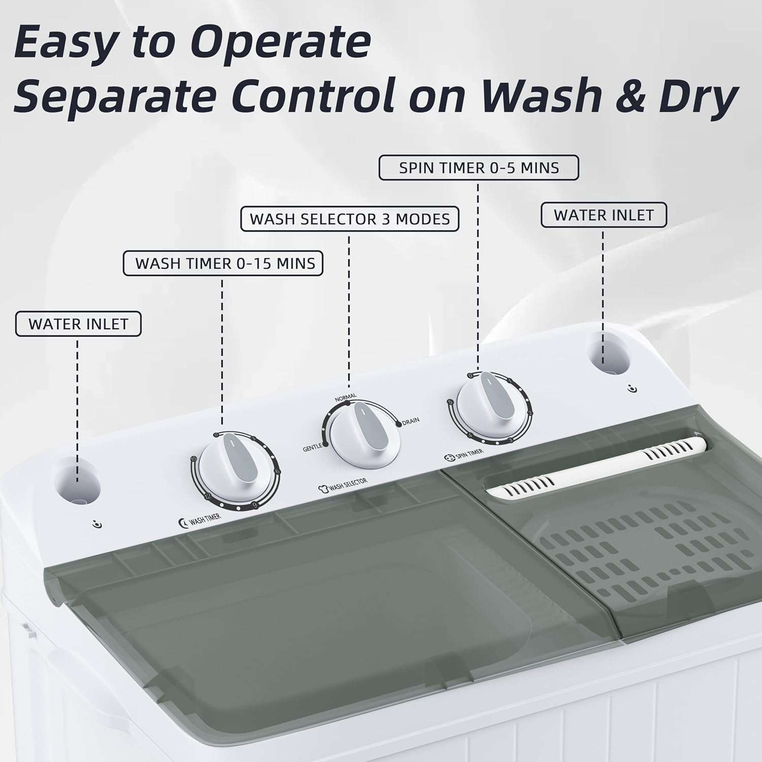 Elevon Portable Washing Machine Twin Tub 9.9 Lbs Capacity, (7.7 Lbs) and Spinner(2.2 Lbs) Combo Mini Compact Laundry Washer for Home, Apartment, Camping, RVs and Dorms, Black/White