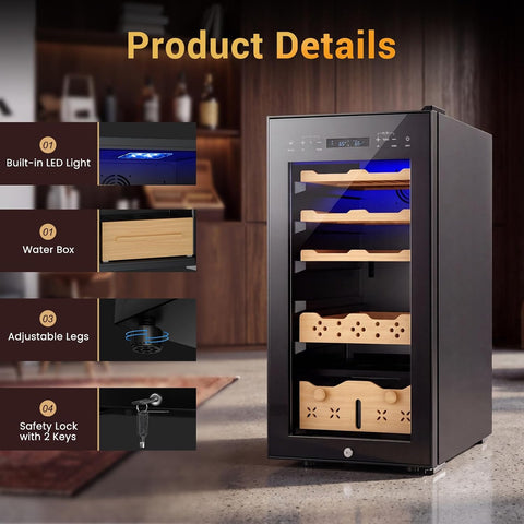 15 Inch Electric Humidor, Large Capacity Humidor Cabinet with Powerful Compressor Cooling, Dual Temp & Humidity Control (61-72°F / 65-75% RH), LED Display with Blue Light & Security Lock