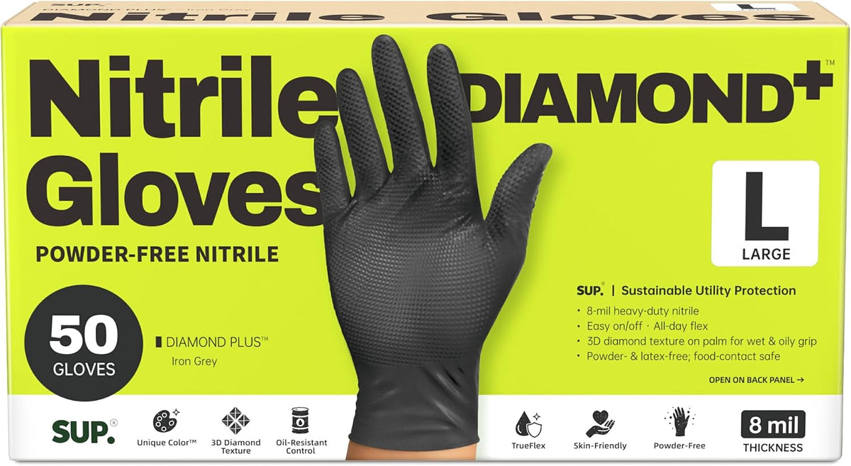 SUPER+ HEAVY DUTY Nitrile Gloves 8 Mil Diamond Texture Disposable Chemical Resistant Powder &Latex Free Food Safe Black 50 Ct
