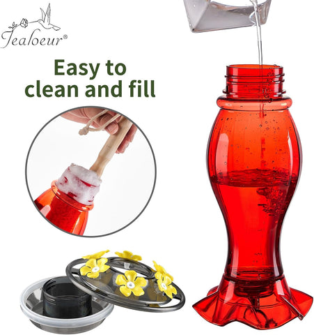 Jealoeur Hummingbird Feeder for Outdoors Hanging, 18 OZ Humming Birds Feeders with 6 Bee Guard Feeding Ports & Built-in Ant Moat, Easy to Clean, Durable Outdoor Garden Decor (Red 1 Pack-C)