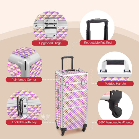 mefeir 4-in-1 Rolling Makeup Train Case Lift Handle,4 Removable Wheels Lockable Keys,Aluminum Cosmetic Trolley Beauty Stylist Artist Organizer Box,Ideal Xmas New Year Gift (Diamond Pink)
