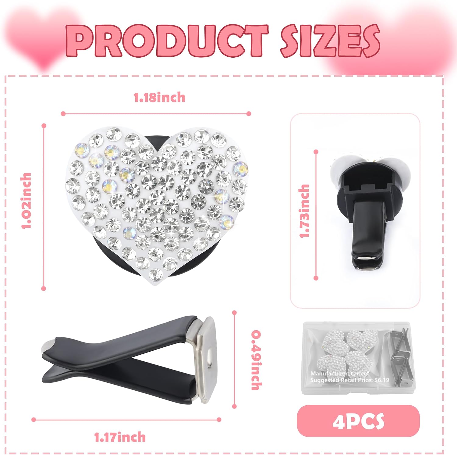4PCS Heart-Shaped Car Vent Clips with Rhinestone,Bling Air Vent Clips Car Decorations,Premium Shiny Car Clips for Vents CCar Accessories Interior for Cars,Trucks,SUVs (White)