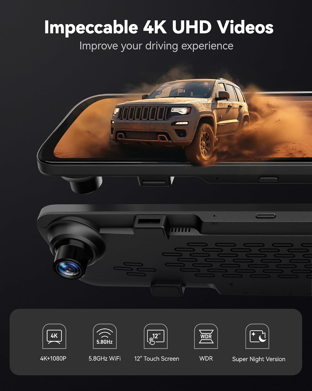 WOLFBOX G840S 12" 4K Mirror Dash Cam Backup Camera with 32GB Card and GPS