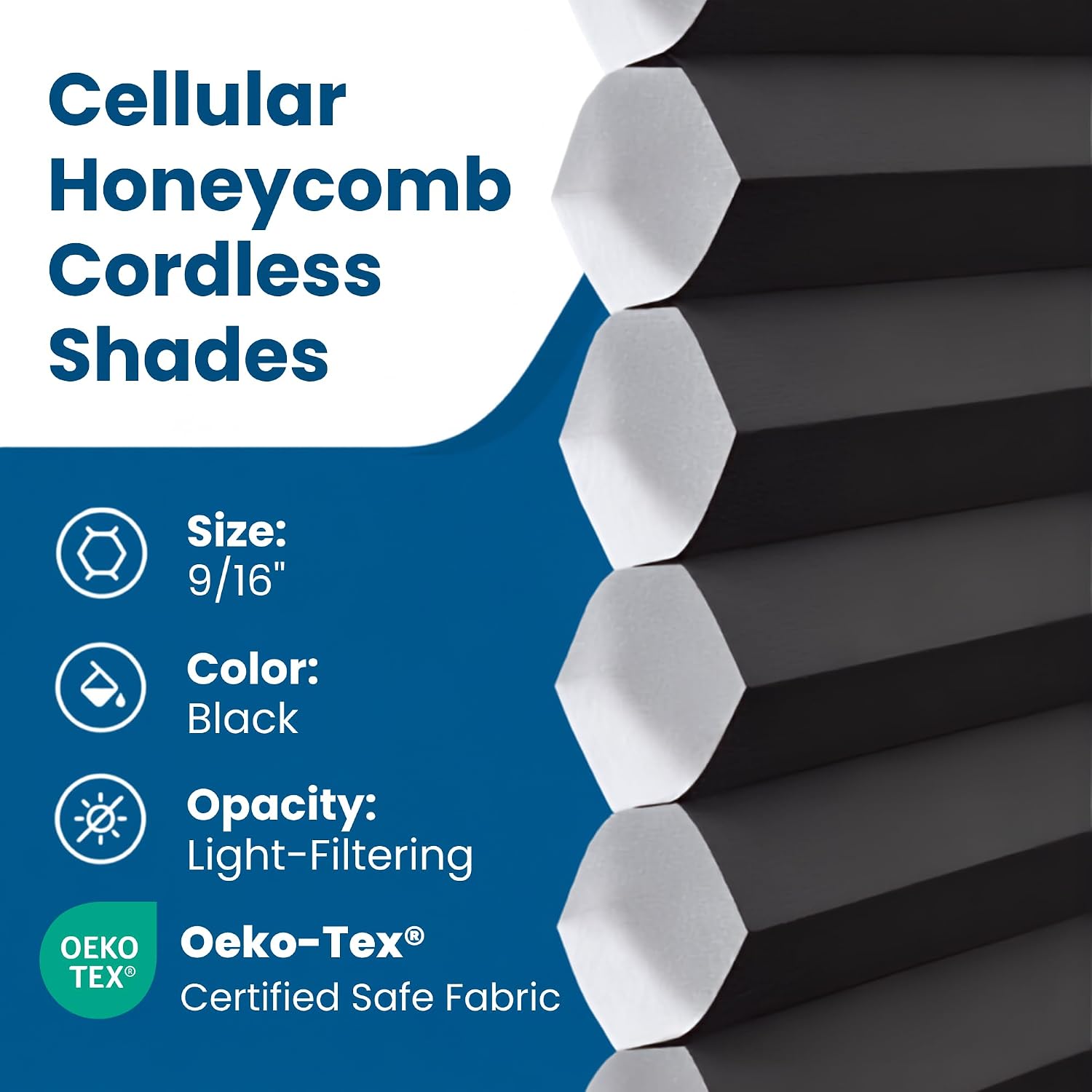 BlindsAvenue Cordless Cellular Shade, Black, 18" W x 48" H