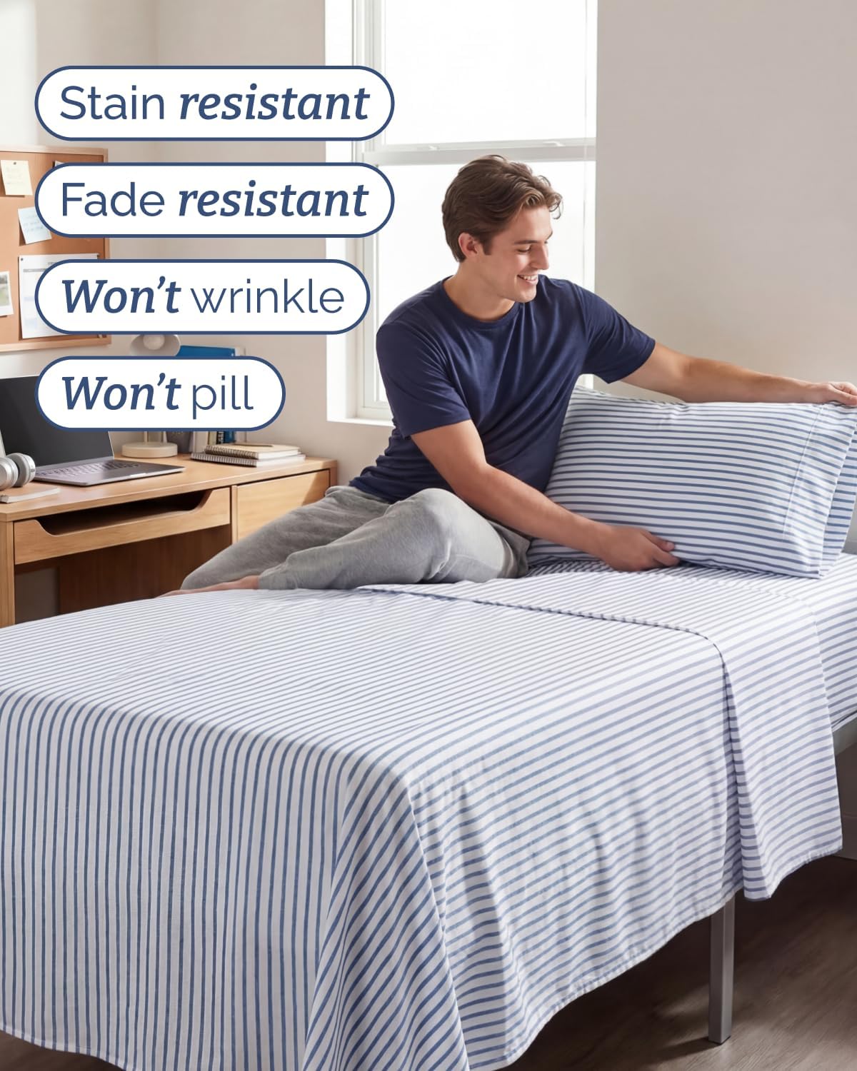 Twin XL 3 Piece Sheet Set - College Dorm Room Essentials - Blue Stripes