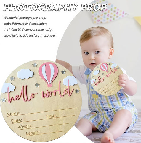 Baby Announcement Sign, 5.9 Inch Wooden Hello World Newborn Signs, Birth Announcement Sign and Pen, Hot Air Balloon and White Cloud Decoration, Welcome Newborn Arrival to World (Pink)