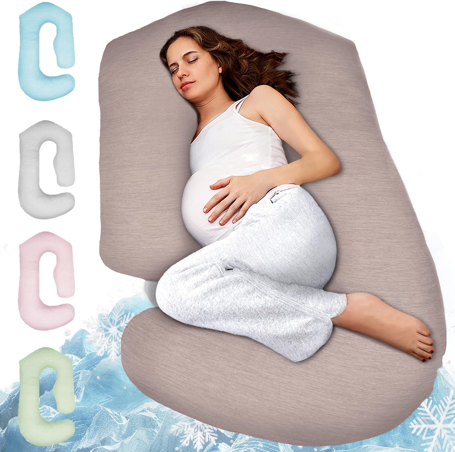 Pregnancy Pillows for Sleeping – 57-Inch Maternity Pillow for Pregnant Women with Removable Washable Cover – Support for Back, Belly, Neck, Legs, & Hips – V C U Shaped Full Body Pillow - Cooling Beige