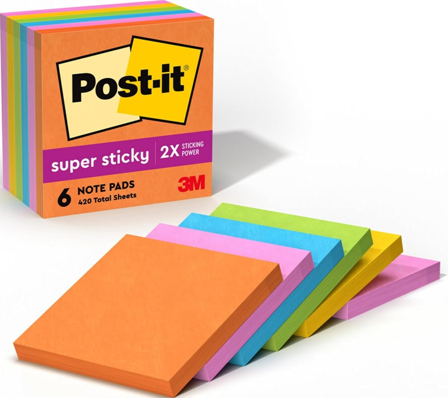 Post-it Super Sticky Notes, 3 x 3 in, Neon Fizz, 6 Pads, 70 Sheets/Pad