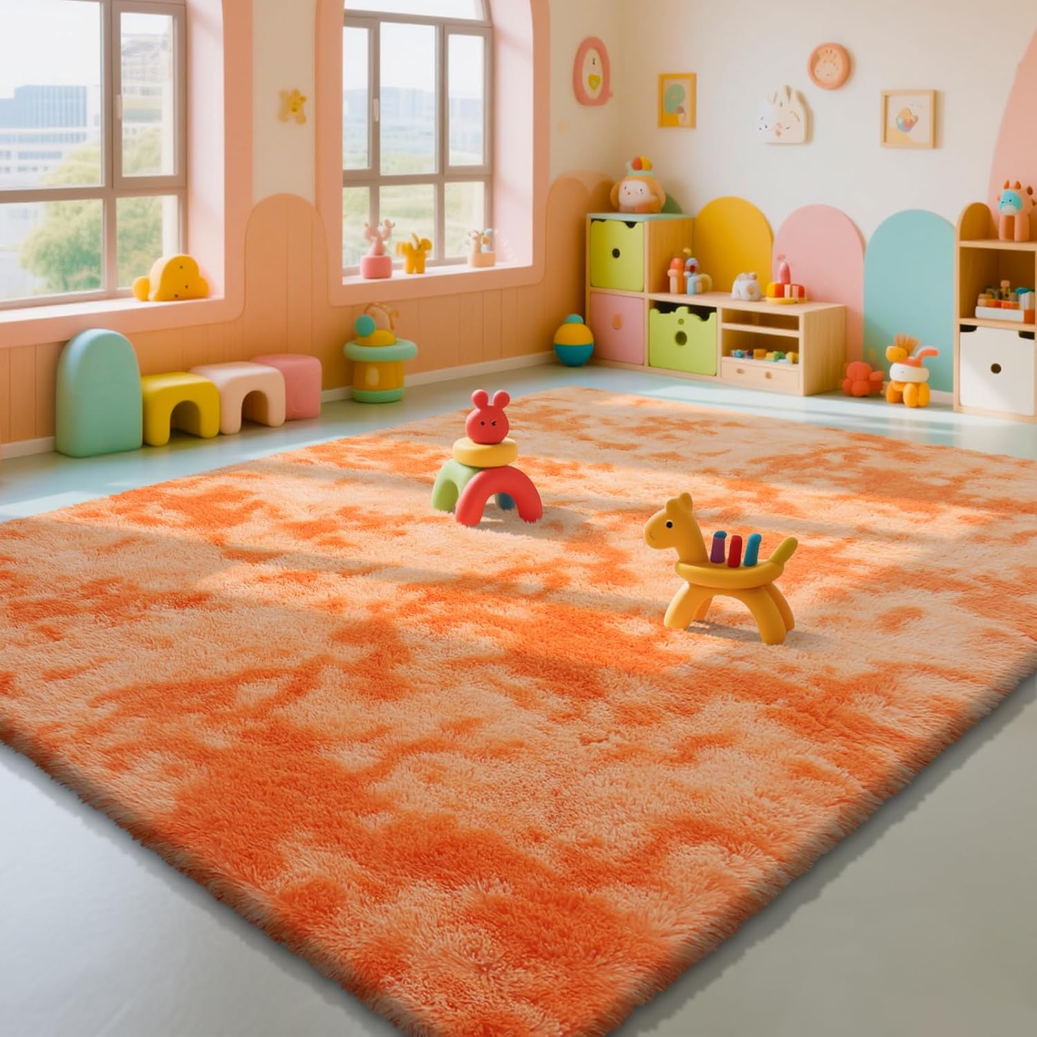 Mottled Orange 8x10 Area Rugs for Bedroom, Fluffy Rug Large Bedroom Carpet