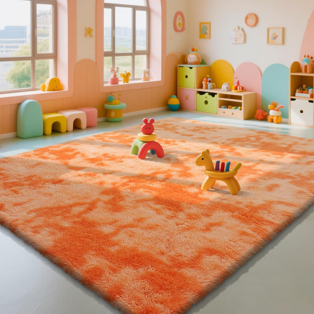 Mottled Orange 8x10 Area Rugs for Bedroom, Fluffy Rug Large Bedroom Carpet