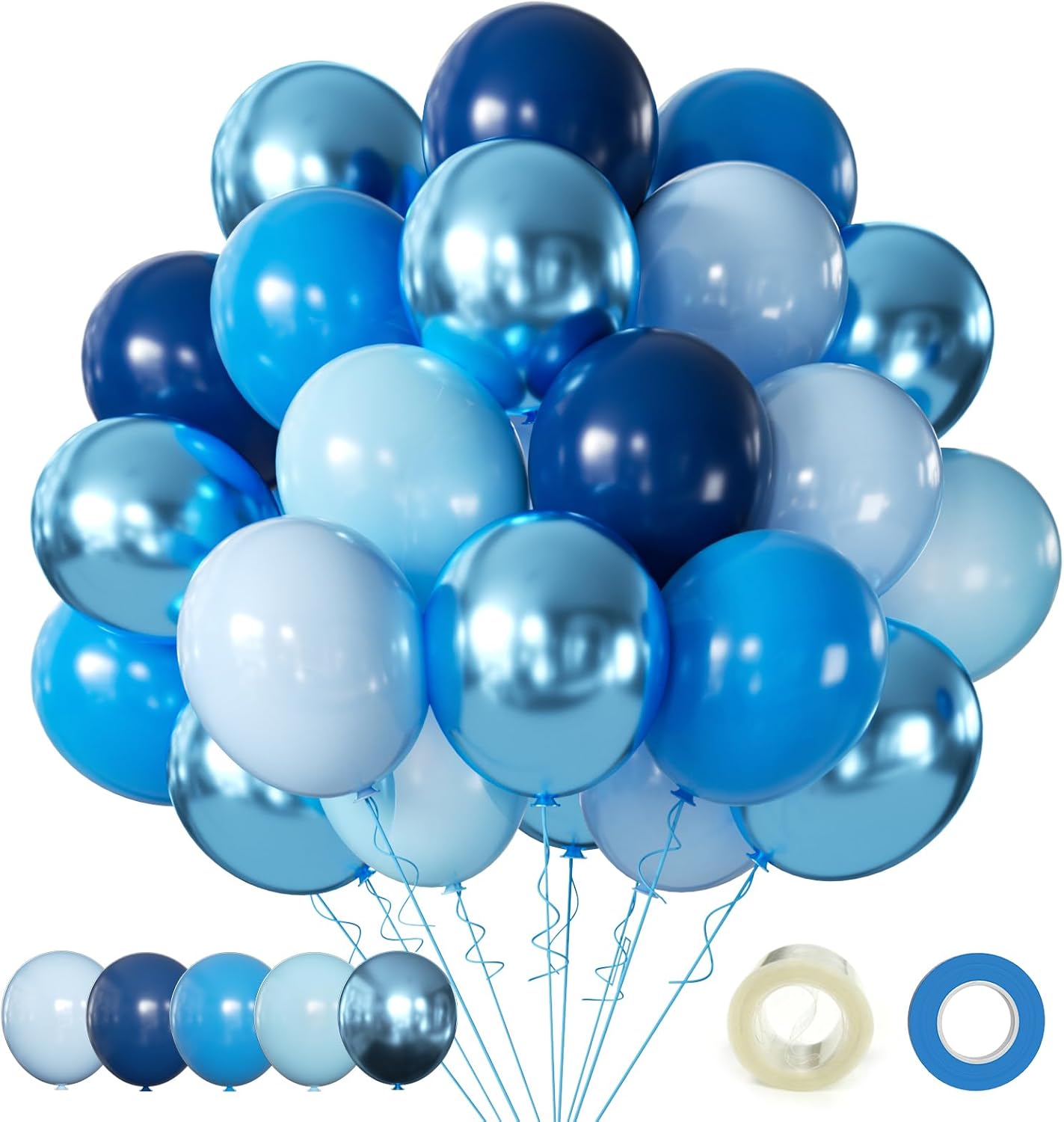 Blue Balloons Metallic Blue Balloon, 60Pcs 12Inch Chrome Blue Balloons Kit Macaron Light Pearl Navy Blue Latex Balloons for Birthday Wedding Party Decoration