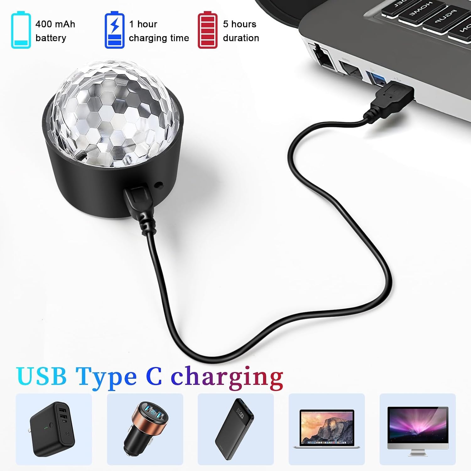 Mini Disco Ball Light,Rechargeable Party Lights,Sound Activated Strobe DJ Light,Portable Battery Operated,Night Lights Projector for Kids,Halloween,Disco Decoration for Car/Parties