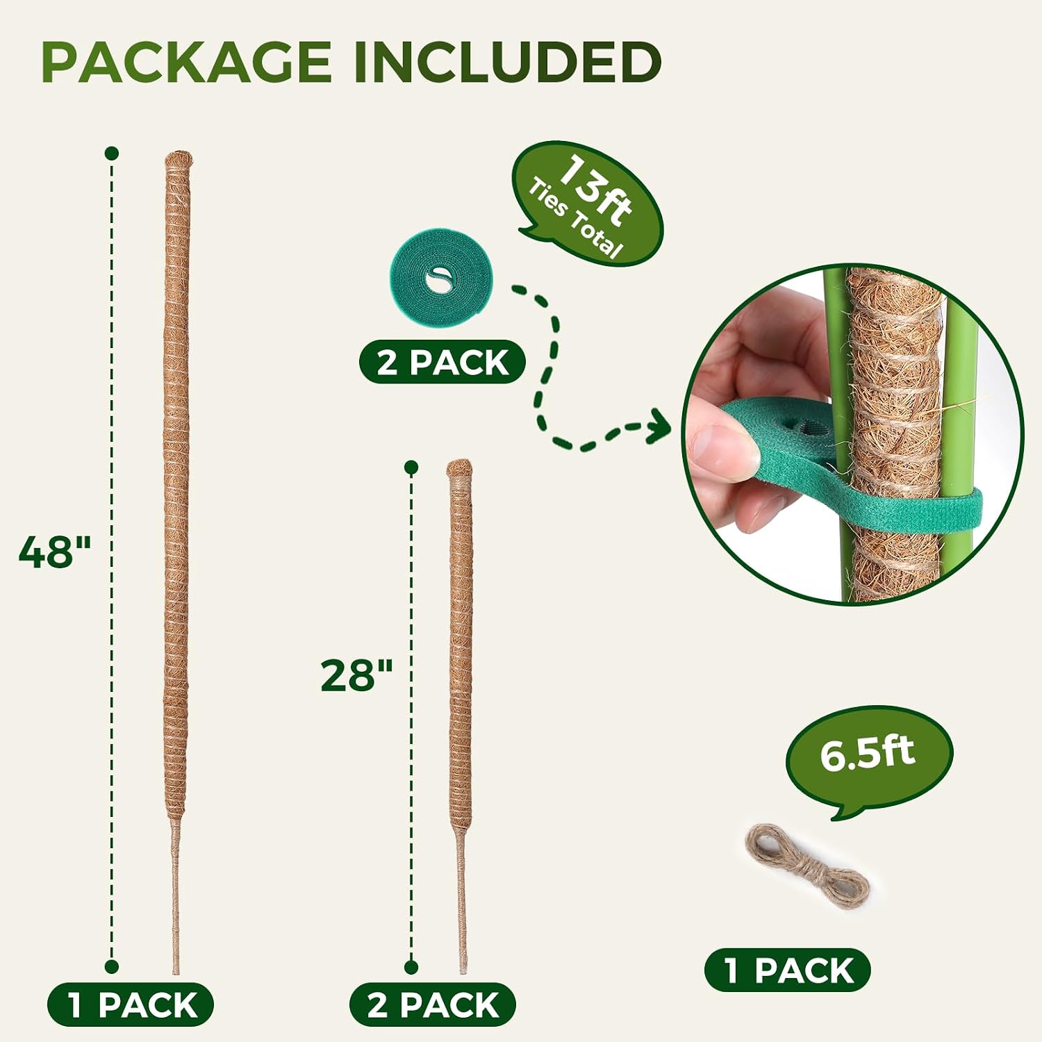 3 Pack Moss Pole Monstera Plant Support, 2 Pack 28" & 1 Pack 48" Bendable Plant Stakes Made of Real Coco Coir Support for Climbing Indoor Plants, Tall Moss Stick Trellis for Potted Climbers