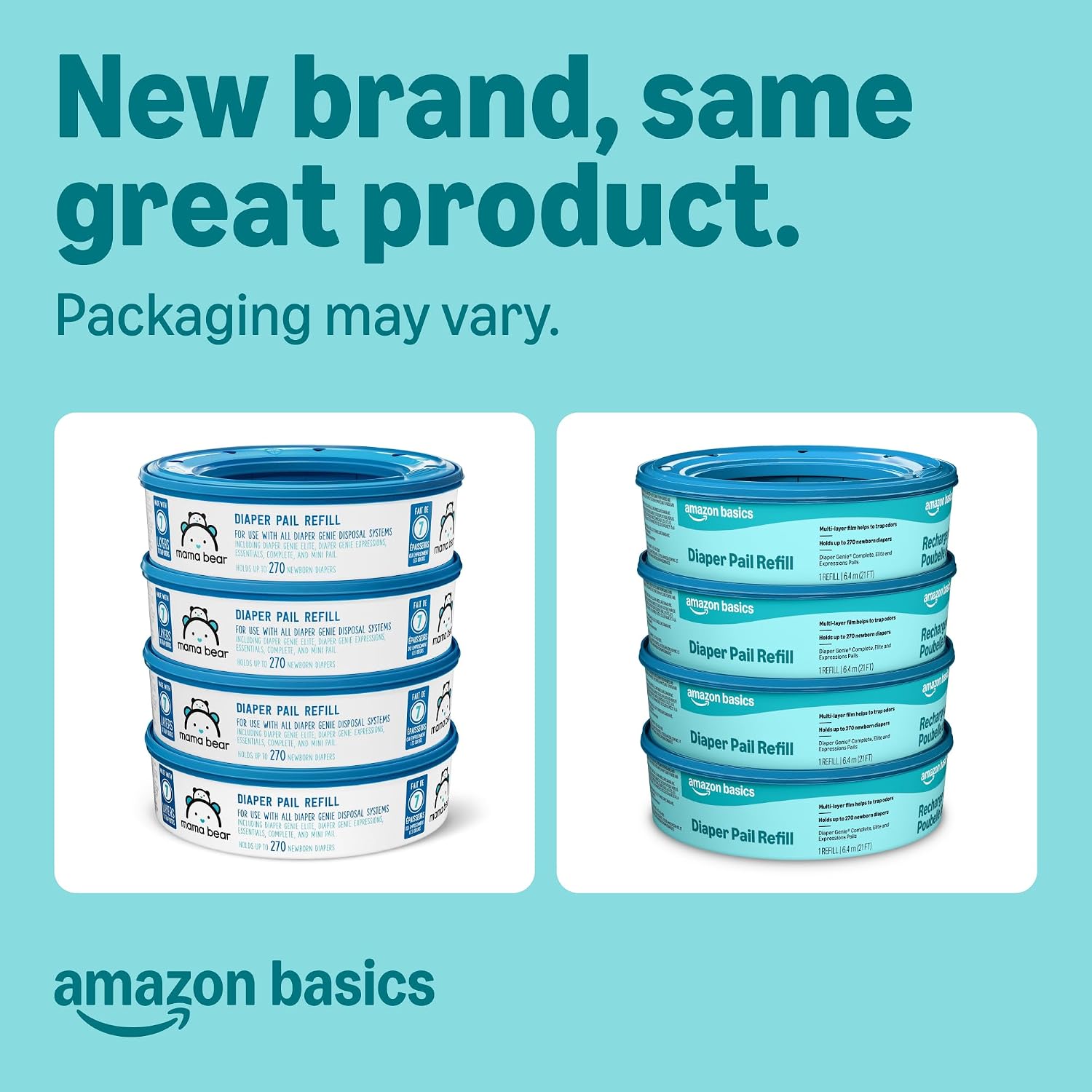 Amazon Basics Diaper Pail Refills for Genie Pails, Unscented, 2160 Count (8 Packs of 270) (Previously Mama Bear)