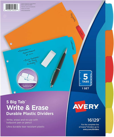 Avery Big Tab Write & Erase Plastic Dividers, 5-Tab, Color, 1 Set