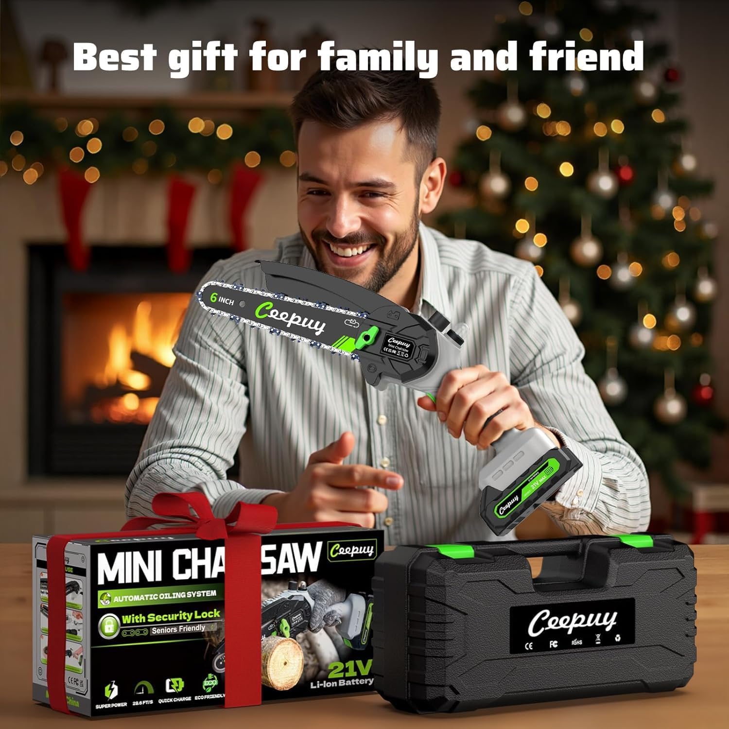 CEEPUY Mini Chainsaw Cordless,6 Inch Portable Electric Chainsaw with 2 Batterys/Automatic Oiler/Security Lock/Powered Small Handheld Saw for Trees Branches Trimming,Gifts for Father Men Dad Husband