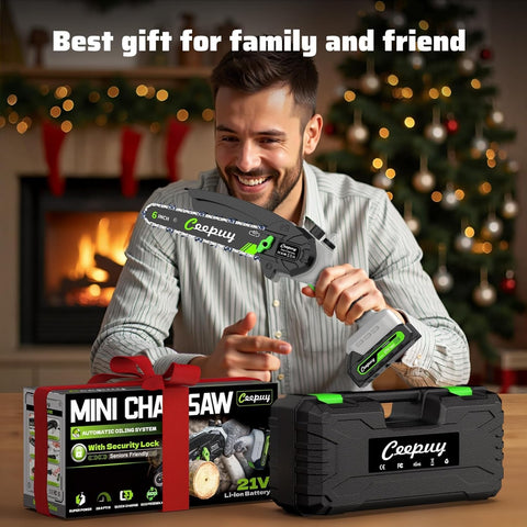CEEPUY Mini Chainsaw Cordless,6 Inch Portable Electric Chainsaw with 2 Batterys/Automatic Oiler/Security Lock/Powered Small Handheld Saw for Trees Branches Trimming,Gifts for Father Men Dad Husband