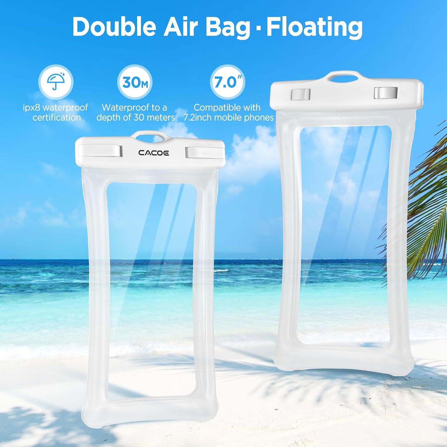 CACOE Floatable Waterproof Phone Pouch 2 Pack Up to 7.0",White+Blue