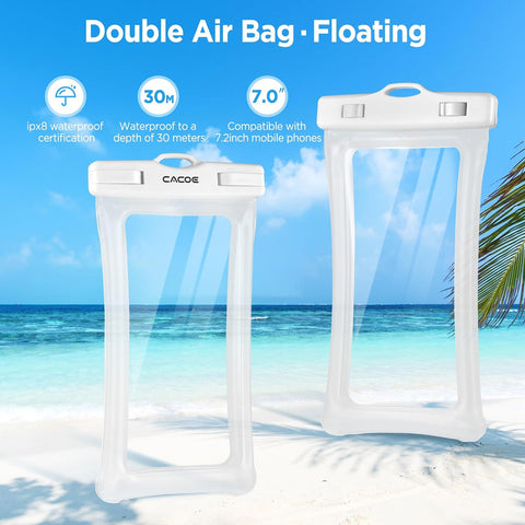 CACOE Floatable Waterproof Phone Pouch 2 Pack Up to 7.0",White+Blue