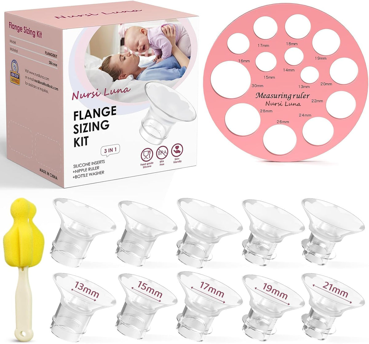 Nursi Luna Flange Sizing Kit, Flange Inserts for 24mm Breast Pumps, 10PCS