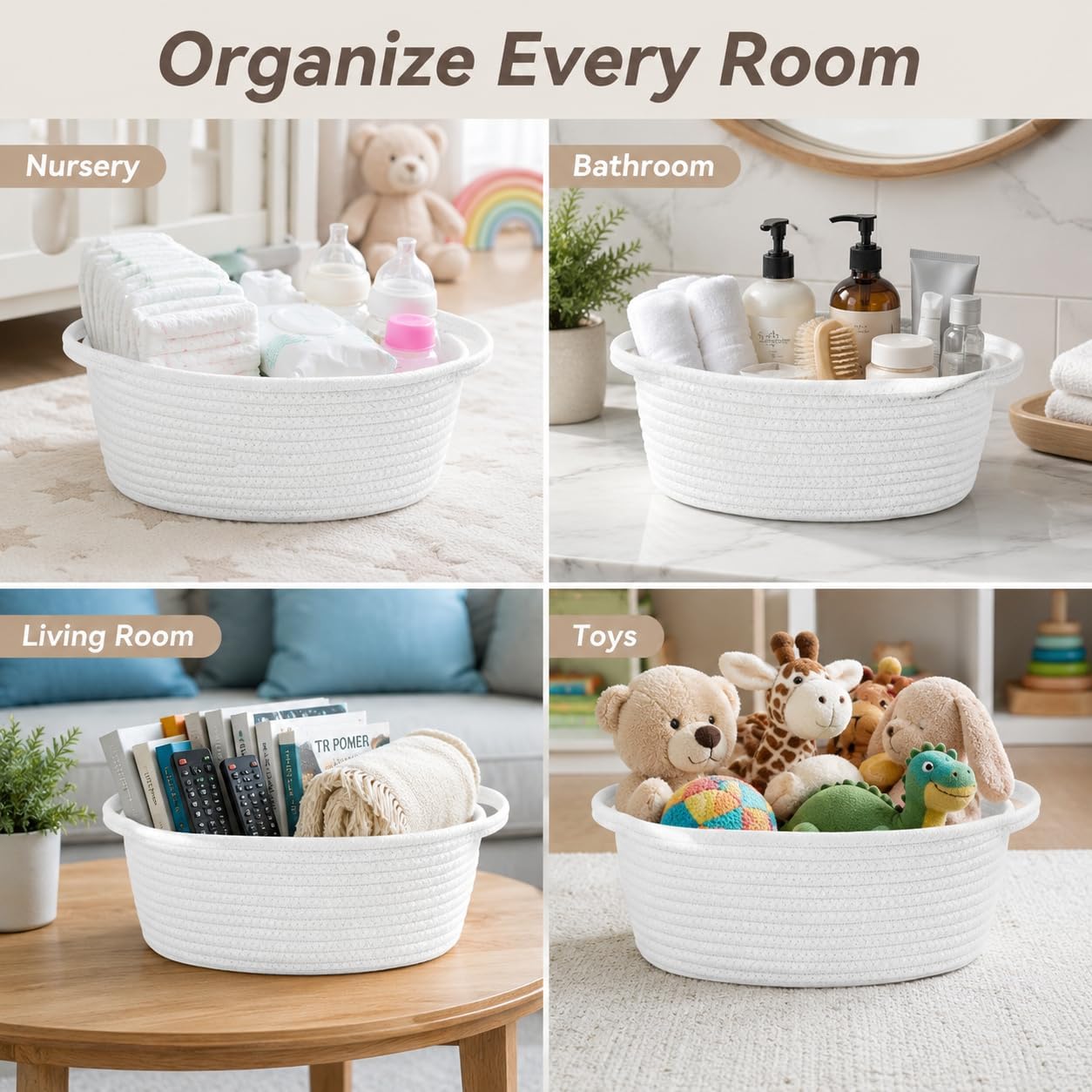 ABenkle Small Basket with Handles, Boho Decorative Rope Woven Dog Cat Toy Storage Bin Shelf Storage Organizer, Easter Christmas Gift Basket, 12"x8"x5", White