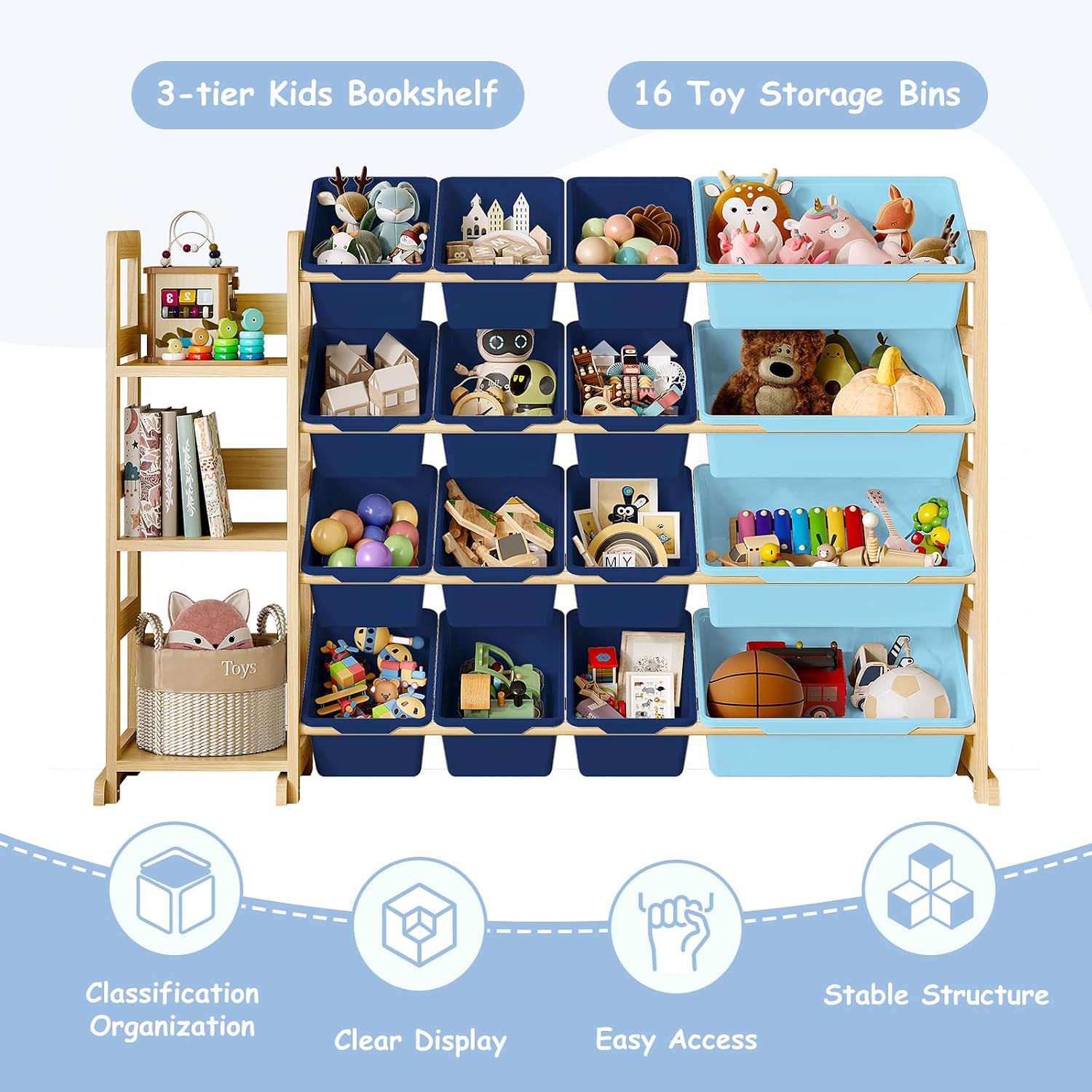 EXPERLAM Toy Storage Organizer, Toy Storage Shelf with 3 Shelves and 16 Storage Bins (12 Small + 4 Large), 3-in-1 Kids Bookshelf for Kids Rooms, Playroom, Nursery, Blue