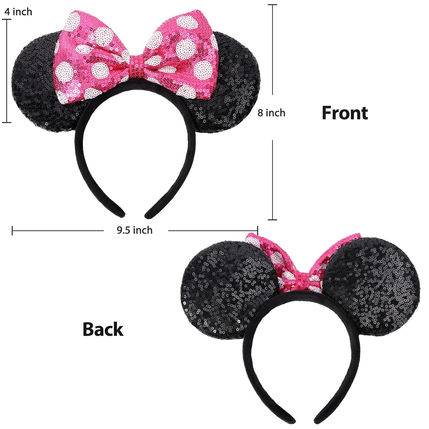 UNSPAZ Mouse Ears Headbands, Sequin Mouse Ears for Women Girls Boys, Shiny Bow Headband for Cosplay Party Decorations Hair Accessories (Pink)