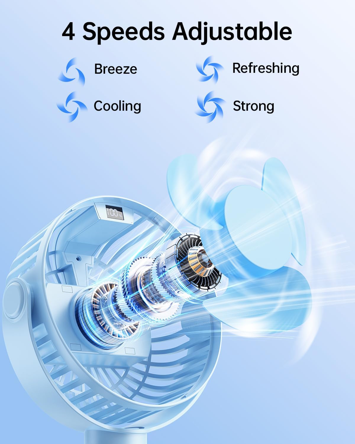 SWEETFULL Portable Stroller Fan with LED Display, 4 Speed Rechargeable Mini Clip On Fan,Built-in Non-Removable Rechargeable Battery，Sealed housing