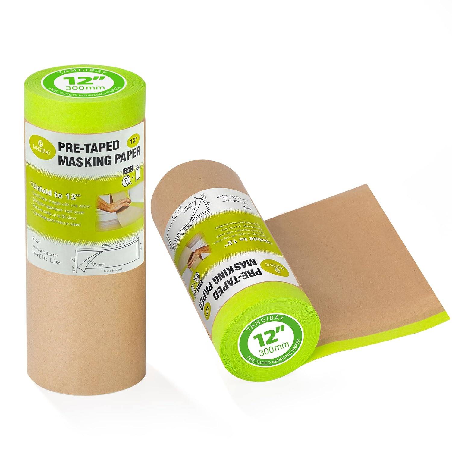 Tangibay Pre-Taped Masking Paper for Painting, 12 inch x 50 feet, 2 Rolls