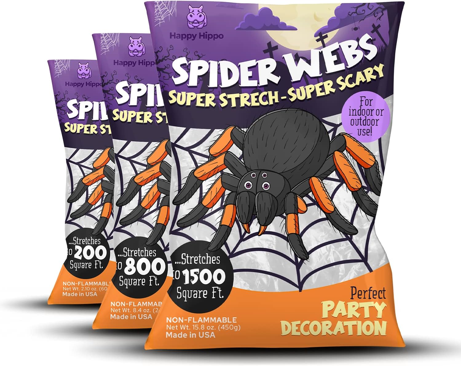 Happy Hippo Halloween Spider Web Decoration, 200 Square Feet & Plastic Spiders, Halloween Party Supplies, Spider Webs (Small, 200 Sq Feet) (8 Fake Spiders Included)