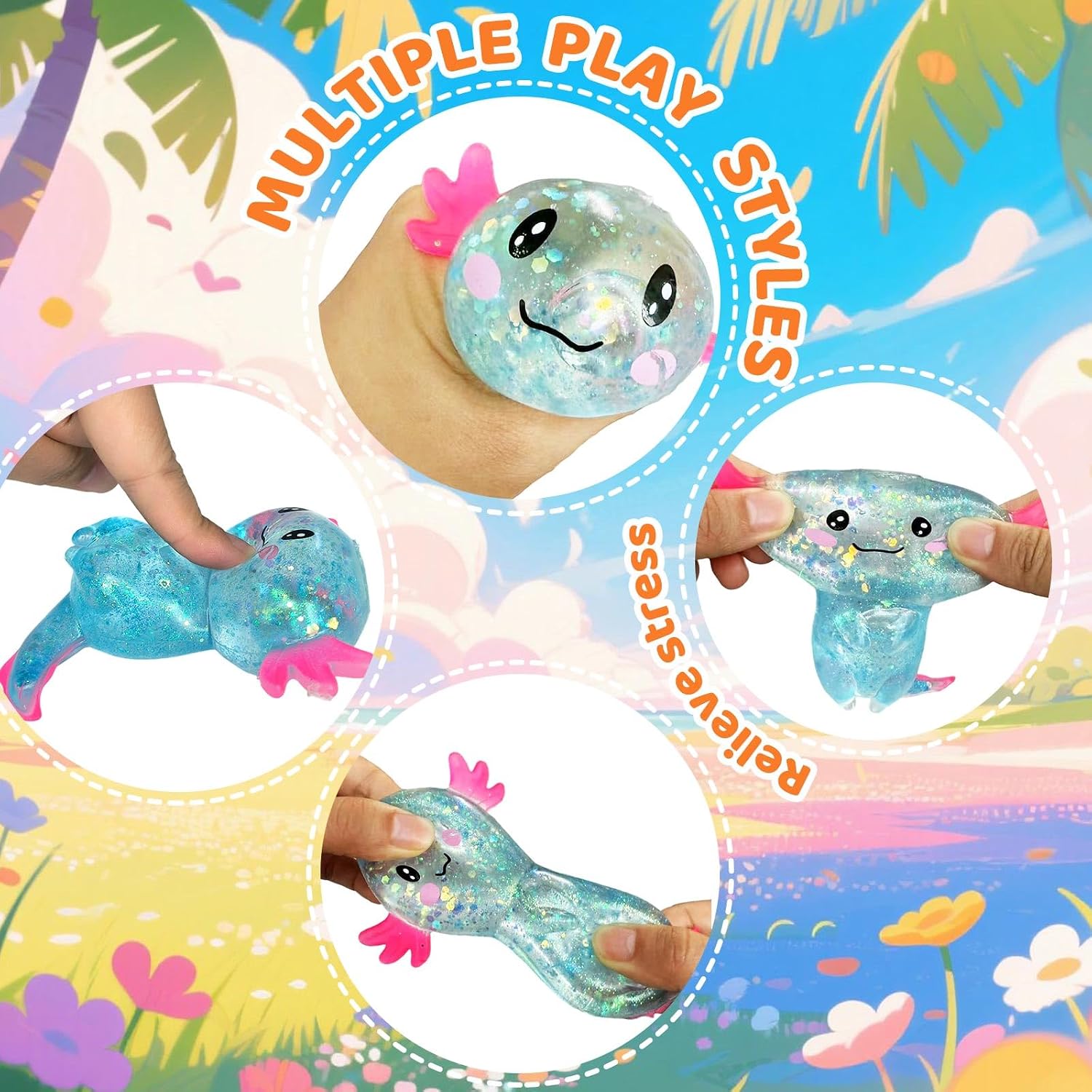 Axolotl Squishy Stress Relief Toy Glitter Fidget Toys Puffwize Cute Malt Sugar Axolotl Toy Fidget Toys for Kids Youth Adult, Party Favors Anxiety Relief Squishy Toys(Blue)