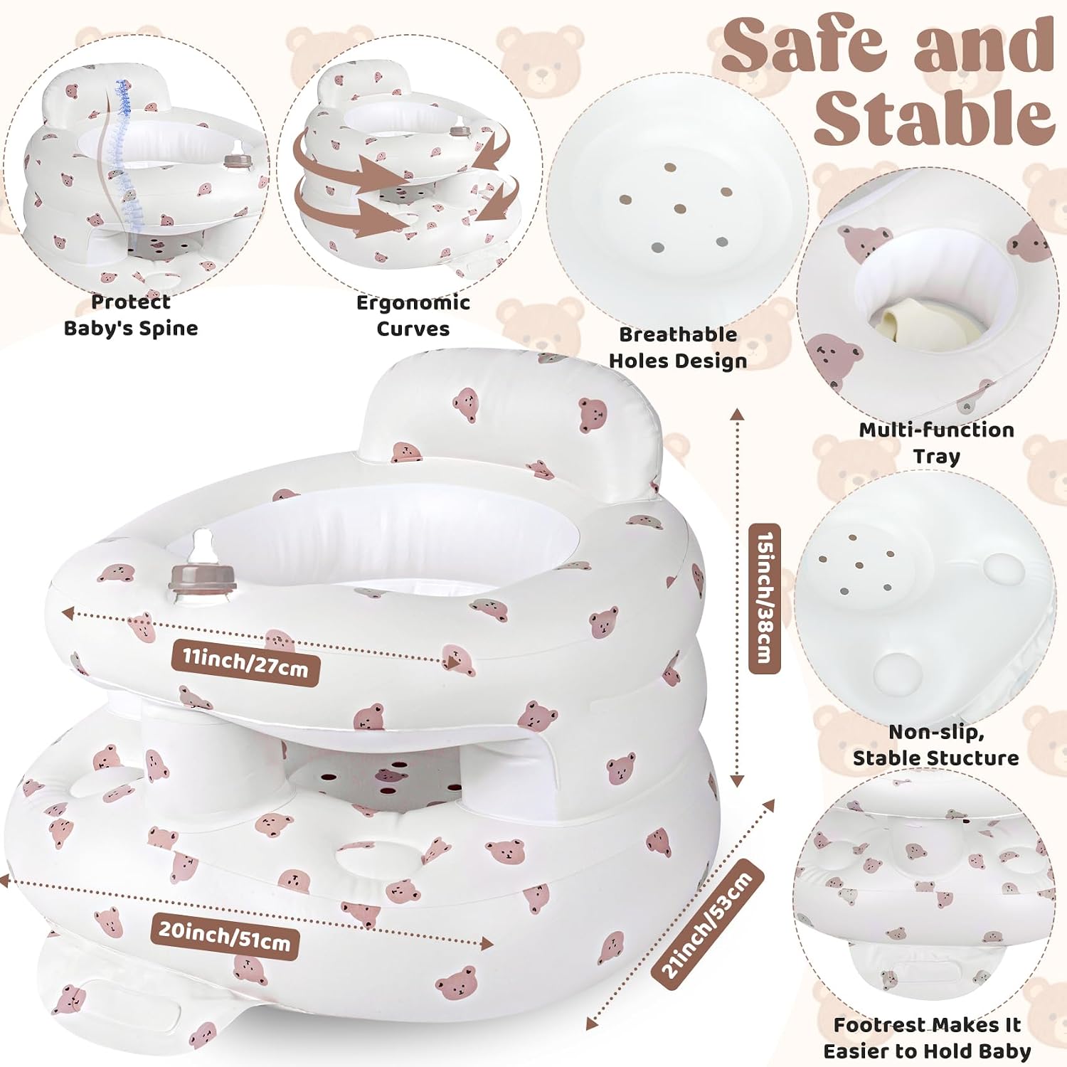 Upgraded Inflatable Baby Seat, Sit Me Up Floor Seat for Baby Chair, Bear