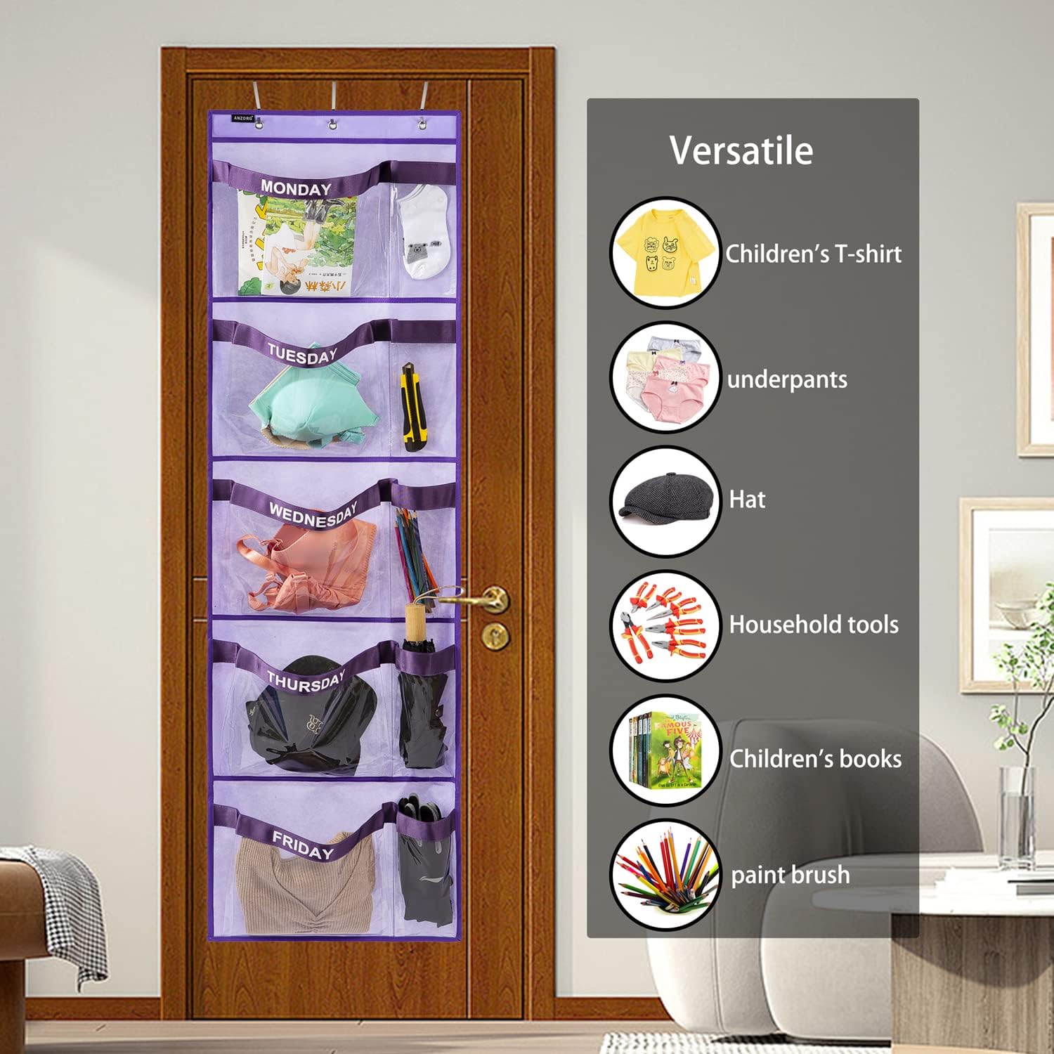 Weekly Kids Clothes Organizer Day of Week School Clothing Storage Monday to Friday Hanging Closet Organizer (Purple)