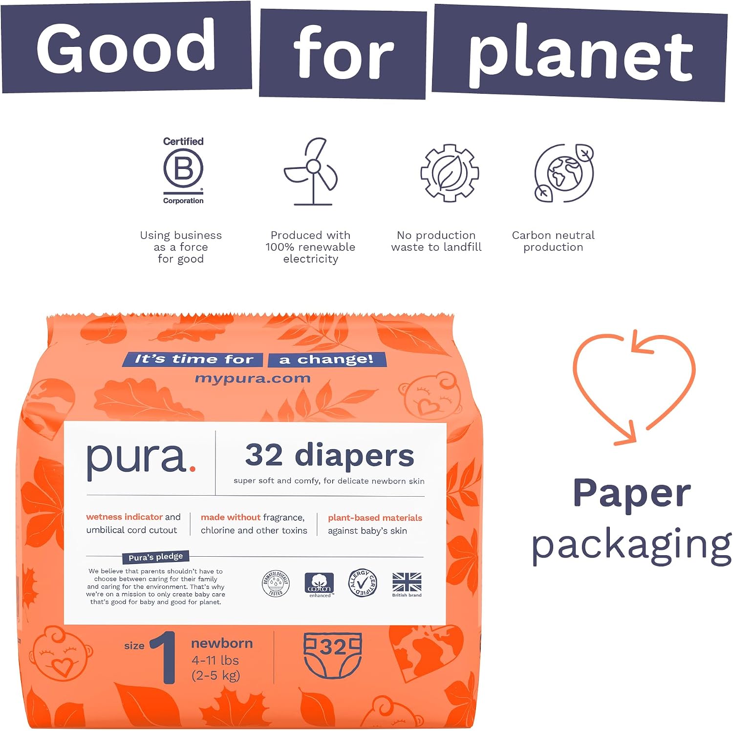 Pura Hypoallergenic Diapers, Size 1 (4-11 lbs), Newborn, Totally Chlorine Free, Wetness Indicator, Suitable for Sensitive Skin, Soft Organic Cotton Comfort, Overnight, 1 Pack of 32 Baby Diapers