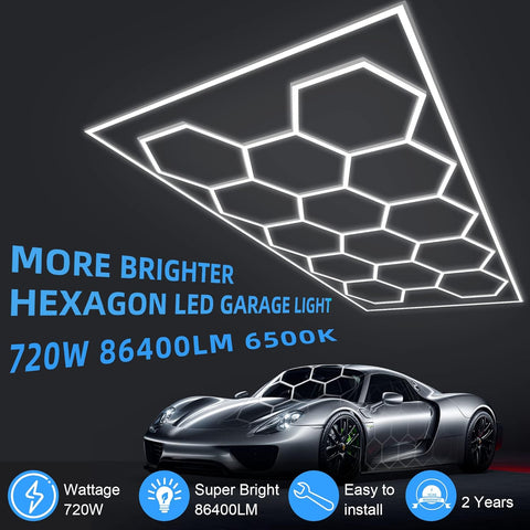 MODERN Hexagon Garage Light: Higher Brightness 720W 86400 Lumens Hexagon Led Garage Light with Rectangle Frame 6500K for Garage, Basement, Warehouse, Auto Beauty Shop, Car Detailing Shop etc. …