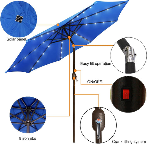 Blissun 9 ft Solar Umbrella, Patio Umbrella with 32 LED Lights, Table Market Umbrella, Outdoor Umbrella for Garden, Deck, Backyard, Royal Blue