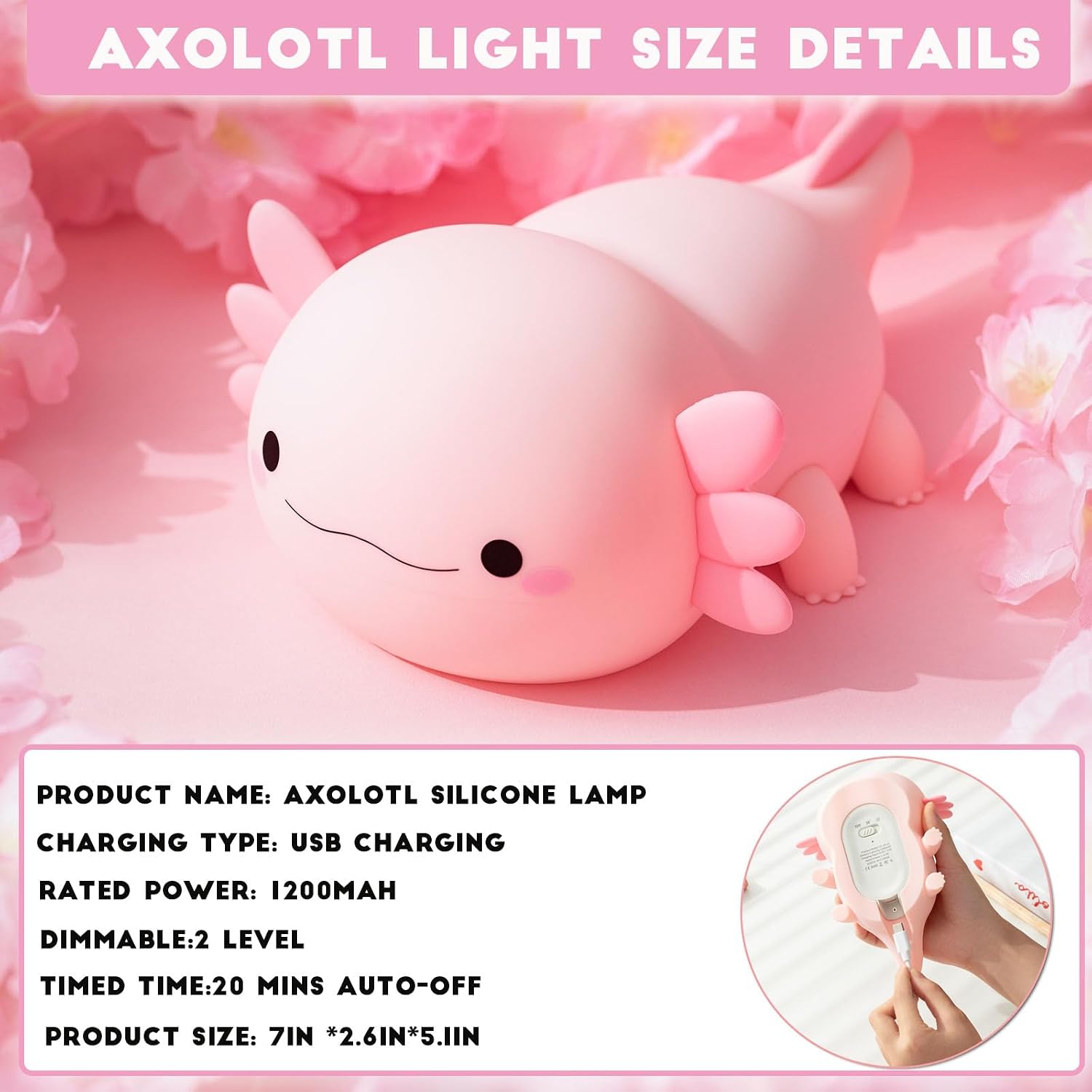 HAPPYBAG Axolotl Squishy Silicone Night Light, 2 Dimmable Warm Brightness