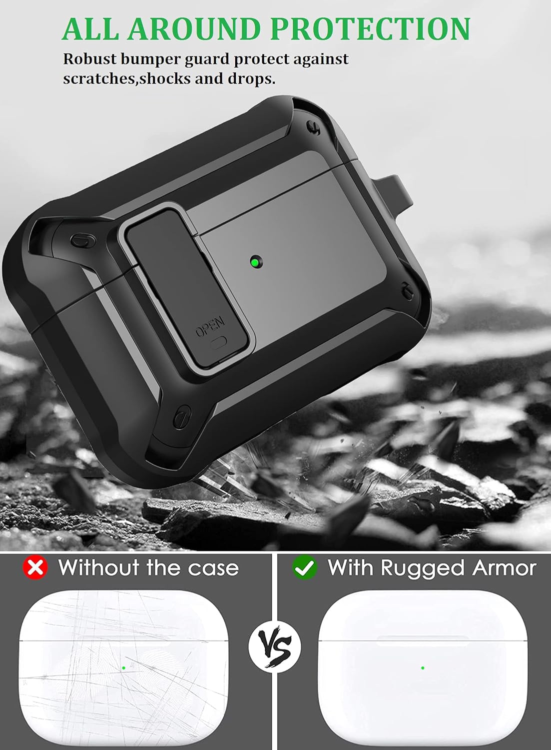 Olytop for Airpods Pro 3 Case with Lock Clip, Rugged Apple Airpods Pro 3rd Generation Cover 2025 Men Women, Armor Shockproof iPod Pro3 Gen Protective Hard Shell with Carabiner&Cleaner kit, Black