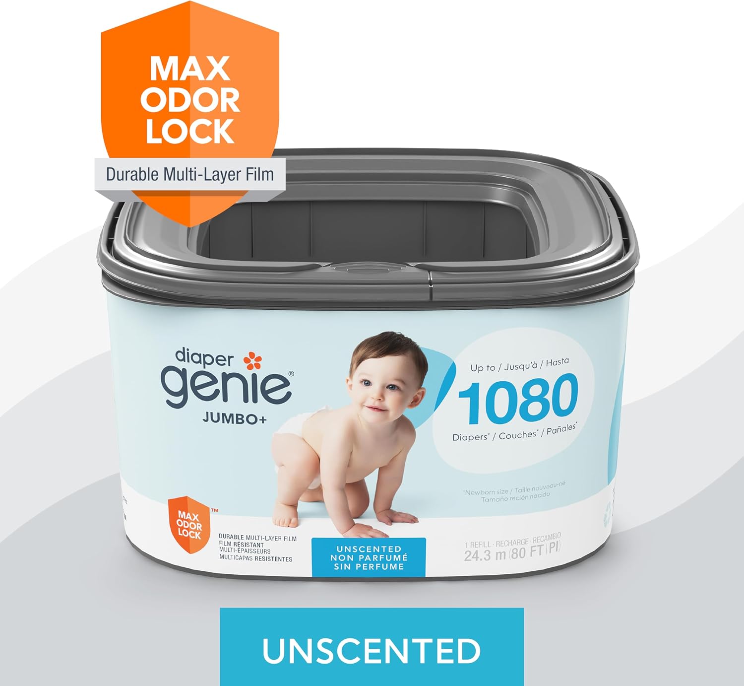 The Diaper Genie Jumbo+ Square Refill, with continuous film, can hold up to 1080 newborn-sized diapers per refill.