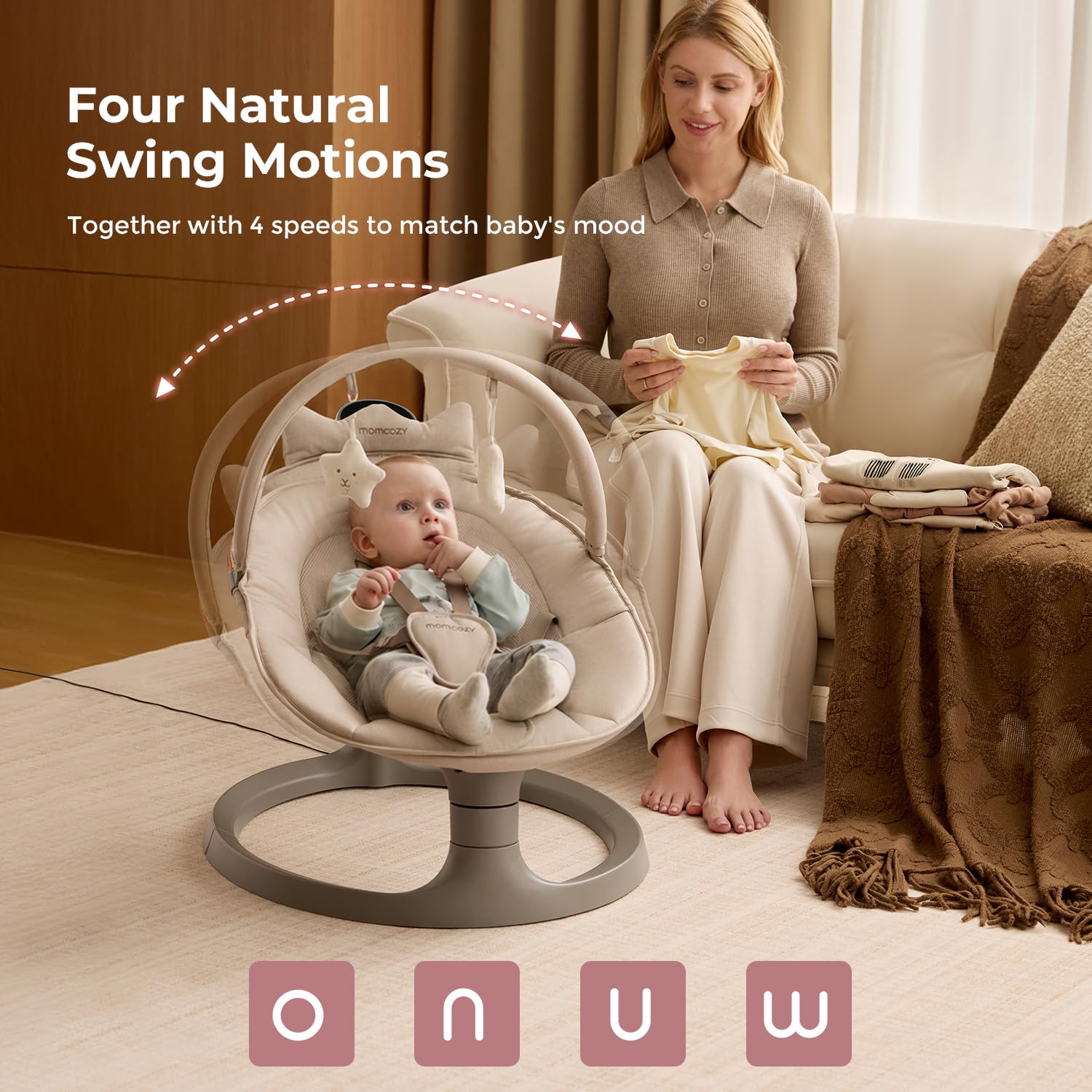 Momcozy 2-in-1 Electric Baby Swing, Dual-Arm Support System, Khaki