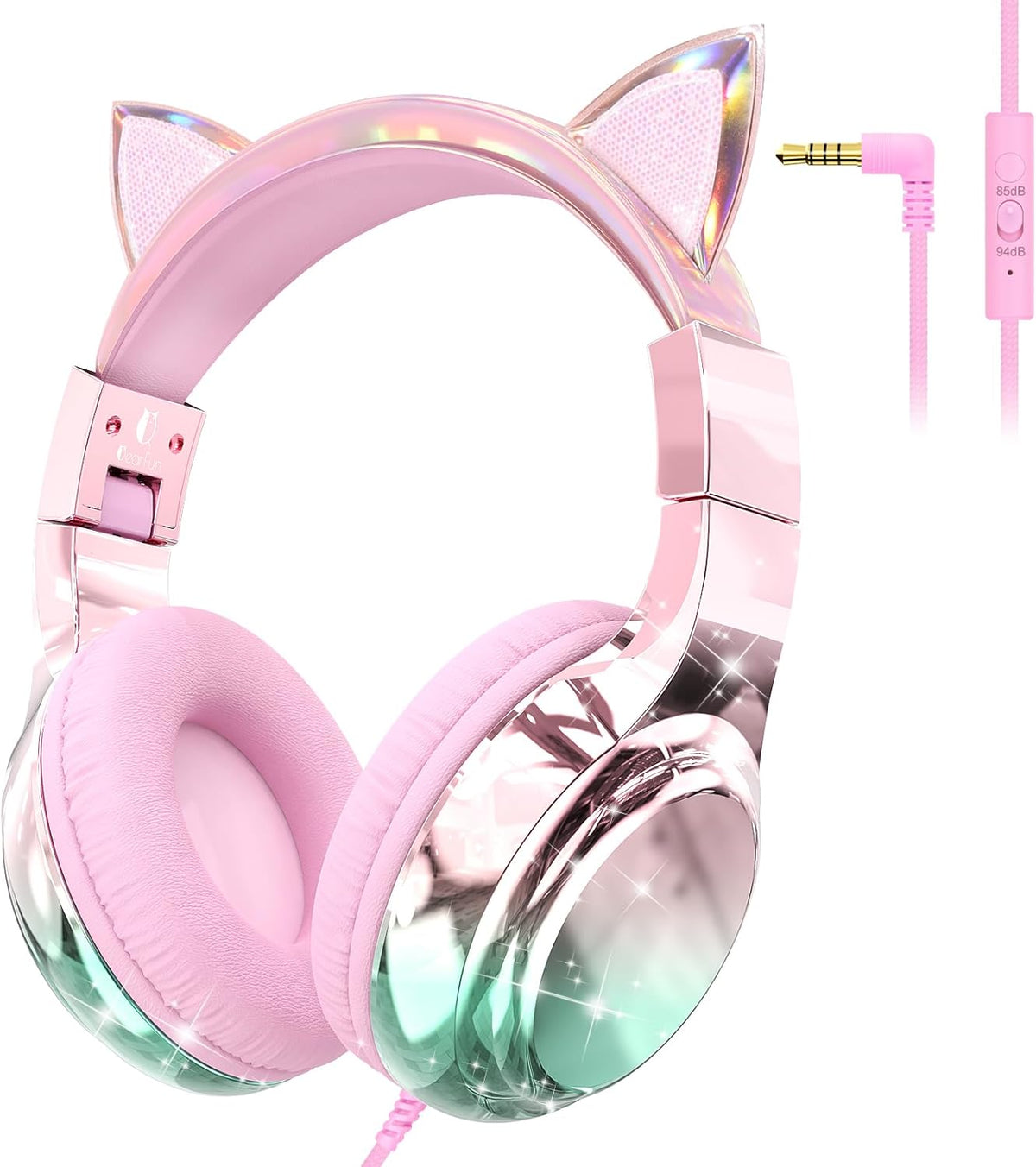 QearFun Kids Cat Ear Headphones with Cord with Mic, 85/94dB Volume Limit