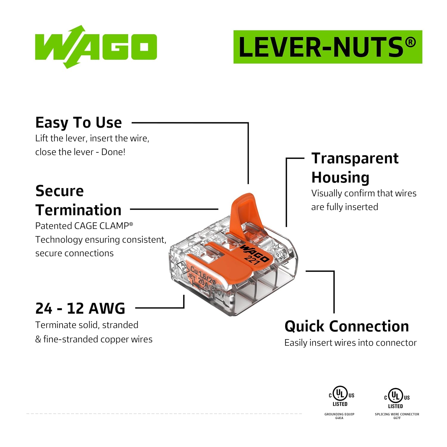 221-413 | WAGO Lever-Nuts® Splicing Connector | for Solid and Stranded Conductors | 3-Conductor with Operating levers | 24-12 AWG | Transparent housing | [Box of 50 Pieces]