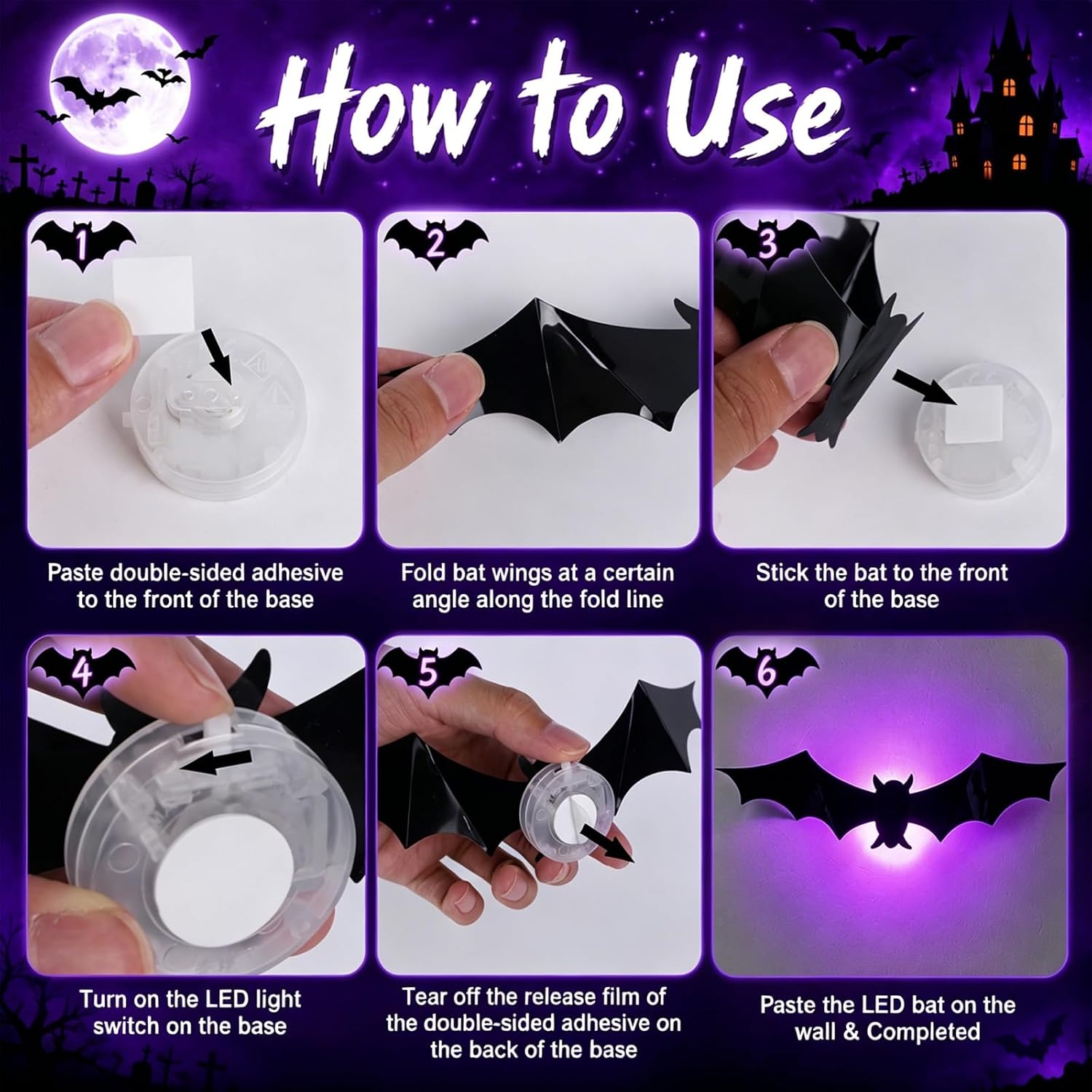 38 Pcs Halloween Decorations 3D Bats Wall Decor Indoor Outdoor Purple LED