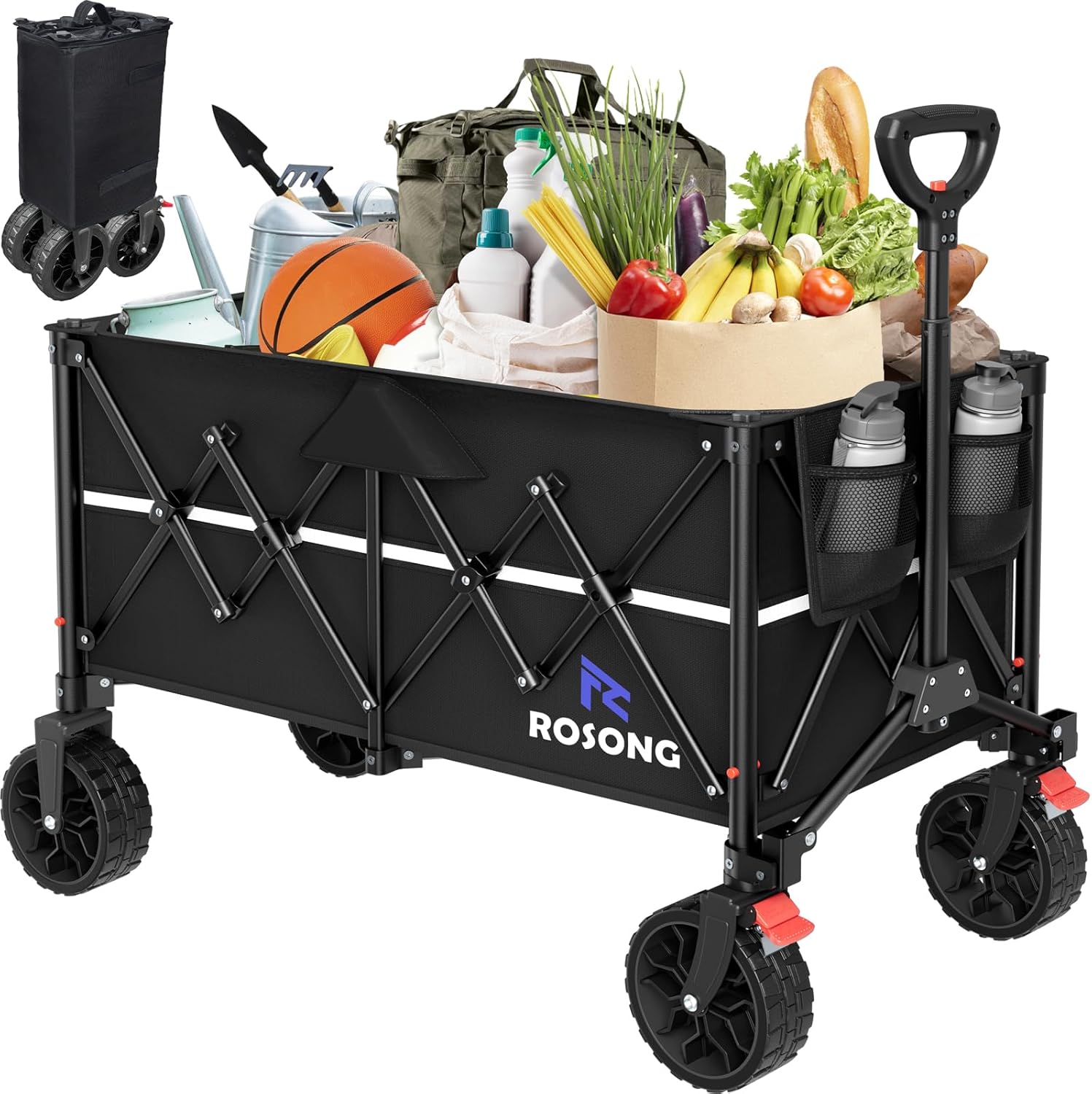 ROSONG Collapsible Wagon Cart with Wheels Foldable - Folding Utility Heavy Duty Wagons Carts for Grocery Sports Garden Shopping Camping Wheelbarrows (Black, 150L)